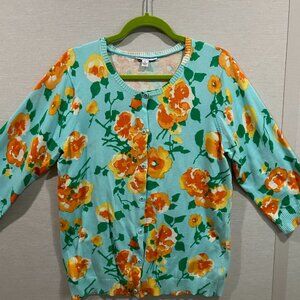 ISAAC MIZRAHI Sz L Light Blue Yellow Orange Floral 3/4 Sleeve Cardigan Sweater